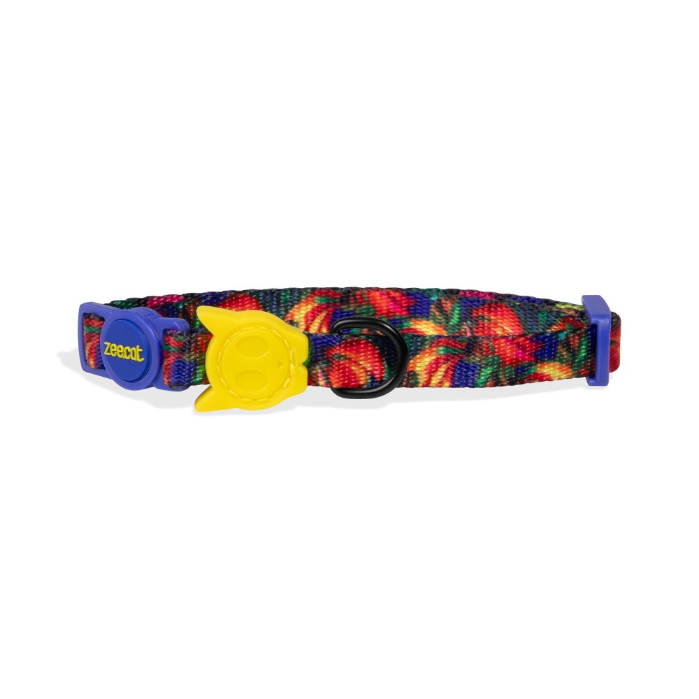 Colorful dog collar with a yellow buckle on a white background