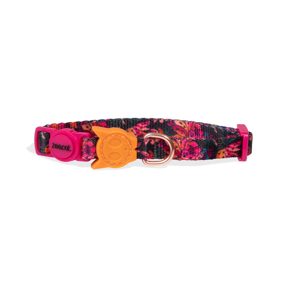 Dog collar with colorful pattern and pink and orange accents on a white background
