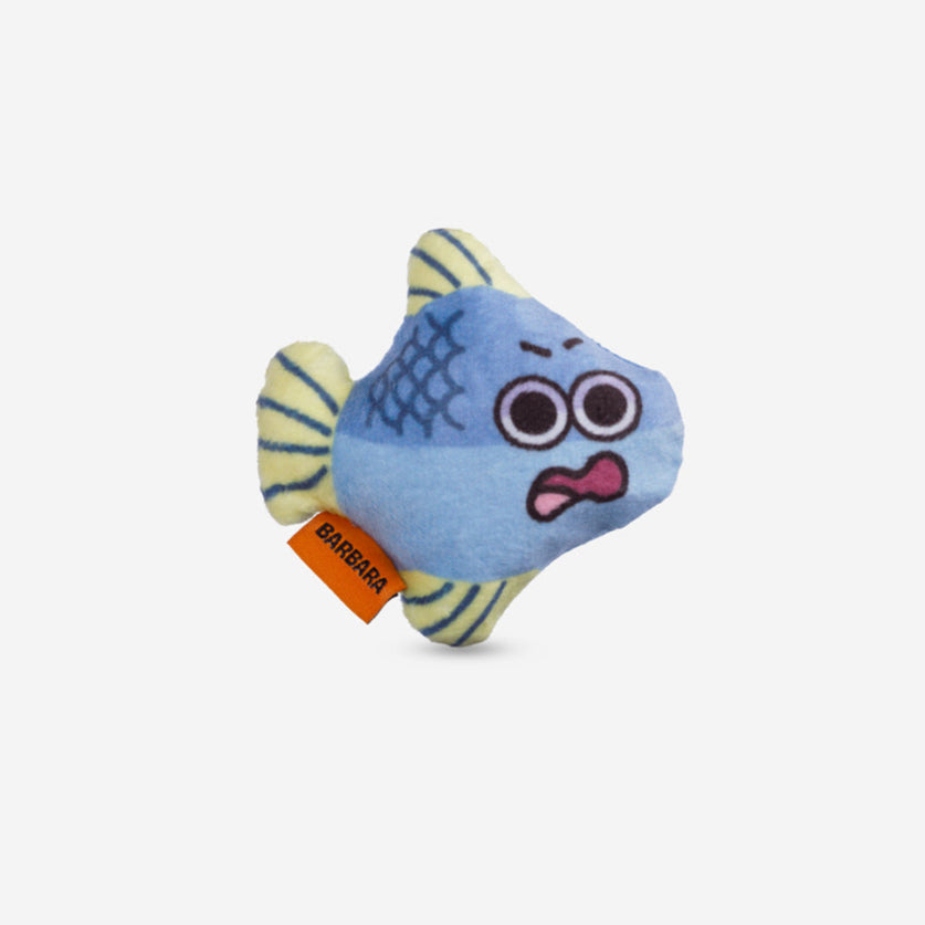 Plush fish toy with a surprised expression on a white background